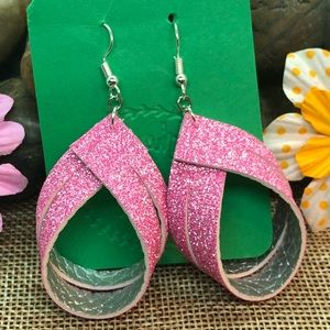Glitter Pink Silver Loops Faux Leather Earrings